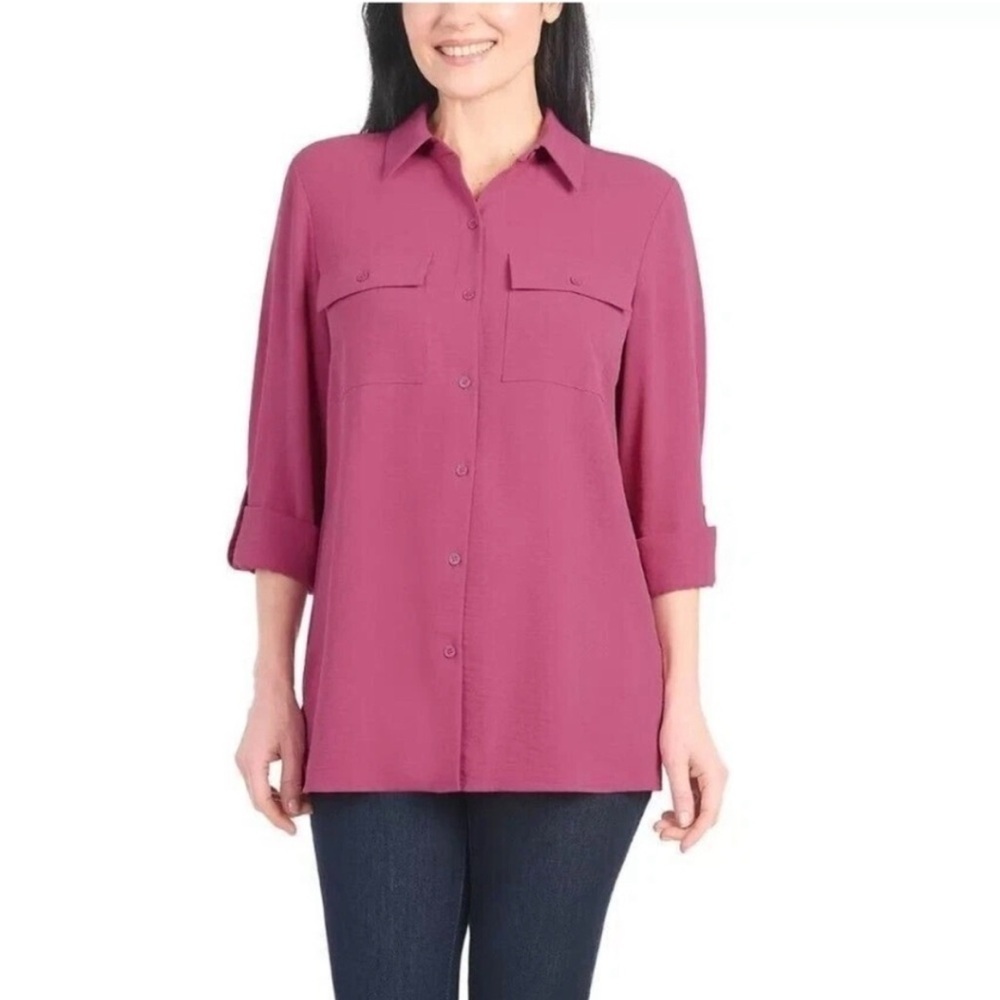 Hilary Radley Roll-Up Sleeve Blouse, Button-Down LS Crinkle Top Chest‎ Pockets